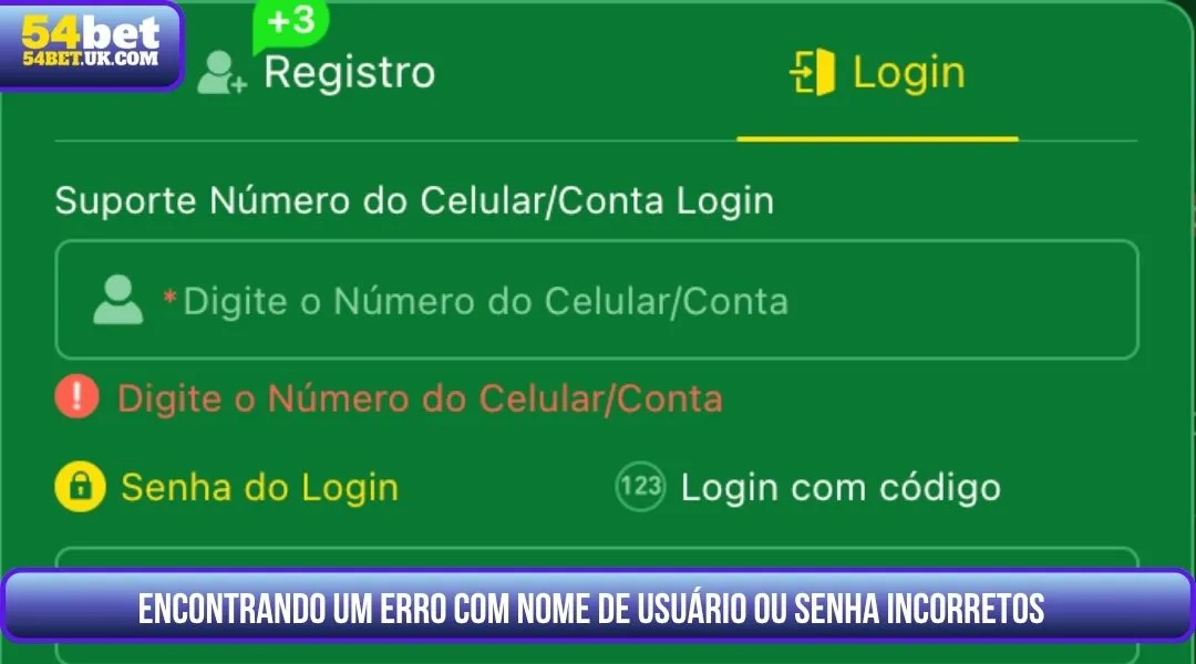 Encontrando um erro com nome de usuário ou senha incorretos